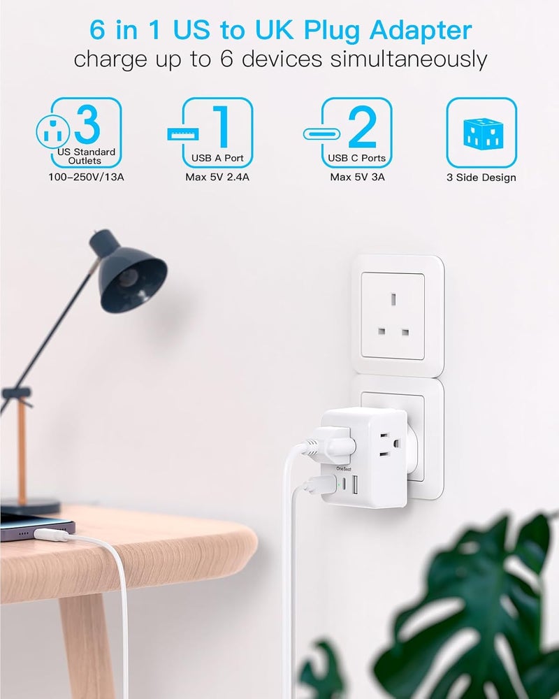 One Beat US to UK Ireland Travel Plug Adapter, Type G Power Plug Adapter with 3 Outlets 3 USB Ports(2 USB C), European Travel Plug Adapter for USA to England London Scotland British Qatar Irish Hongkong - Image 2